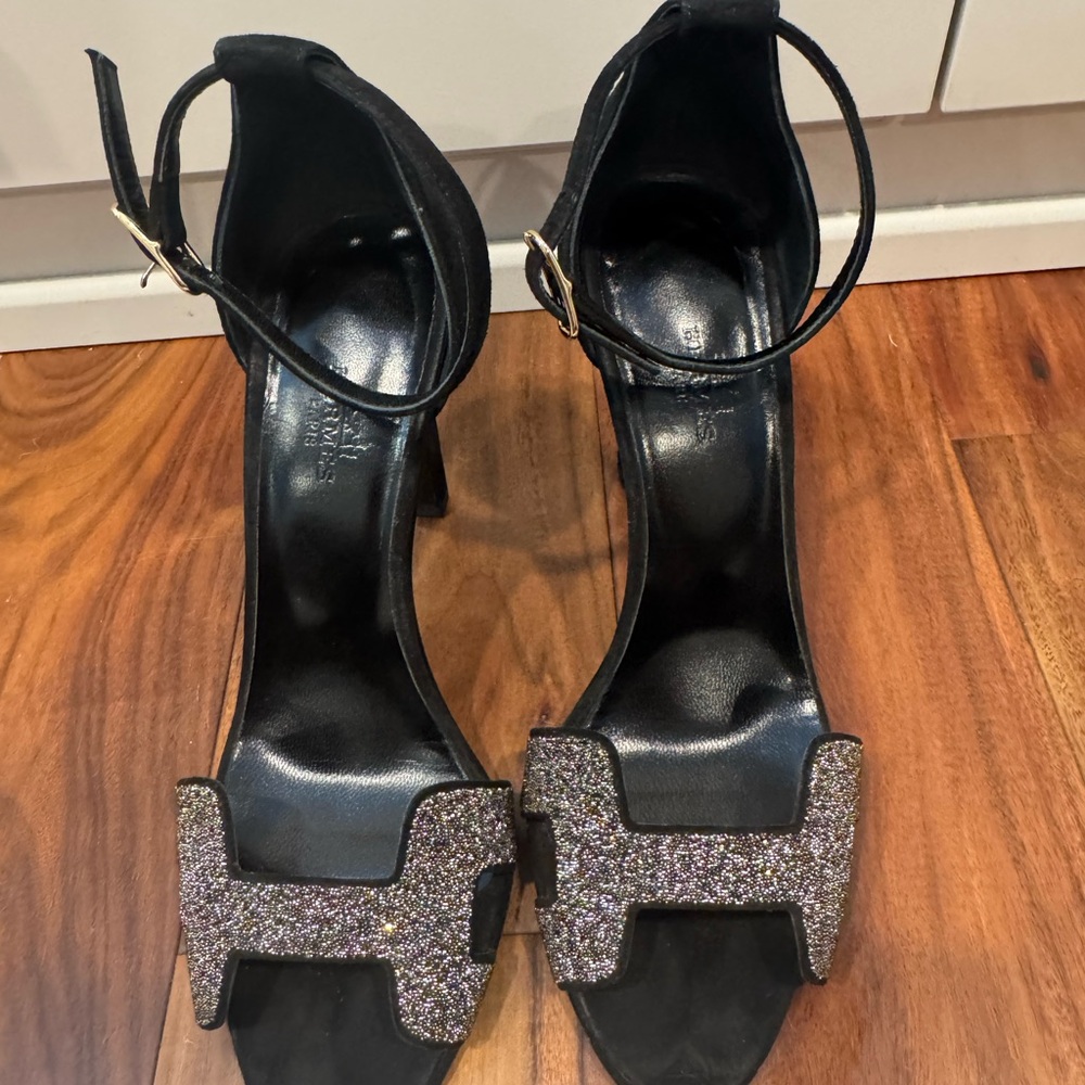 Black and Silver Sparkle Heeled Sandals